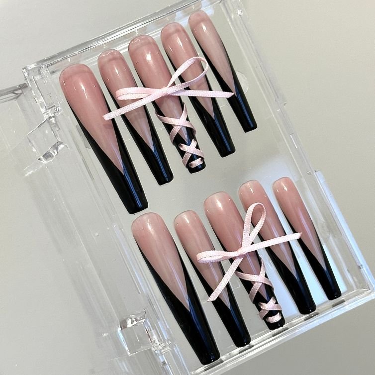 Presschic nails 214Ballet 3Dbow Black Freach Nail Set