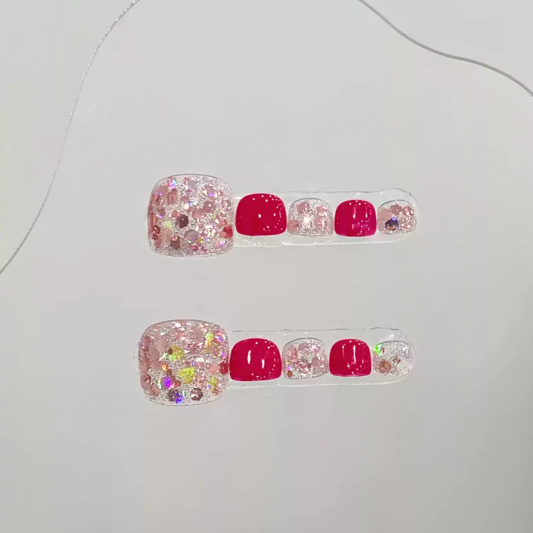 Presschic nails  cute fake nails-Red rhinestone toenail patches, fair-skinned toenail art with a sense of sophistication, pure handmade wearable nails, new style