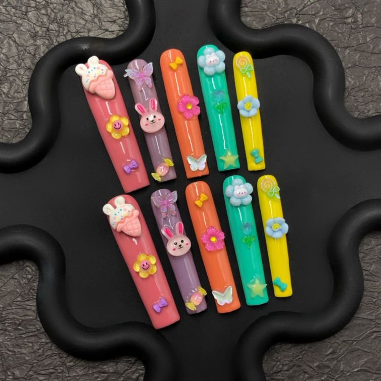 Kawaii Bunny Ice Cream Press-On Nails – Colorful Cute 3D Set