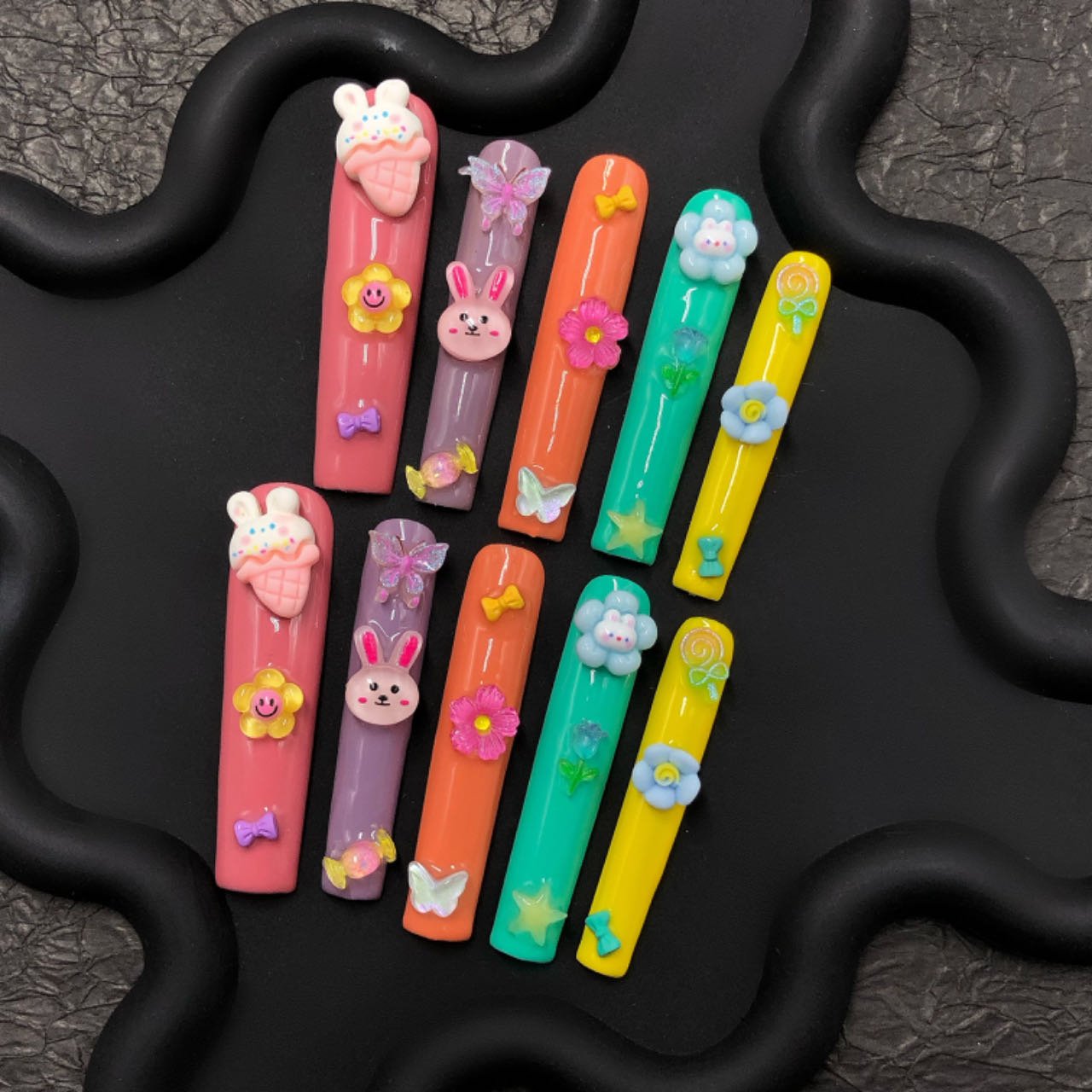 Kawaii Bunny Ice Cream Press-On Nails – Colorful Cute 3D Set