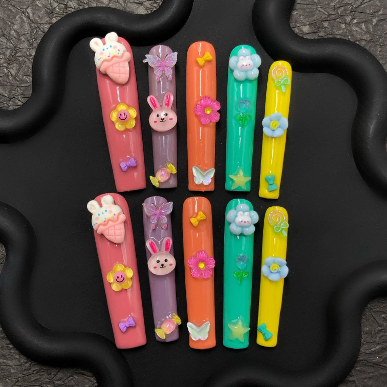Kawaii Bunny Ice Cream Press-On Nails – Colorful Cute 3D Set