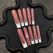Elegant Cat Eye Press On Nails – Rose Brown & French Tips with Gems