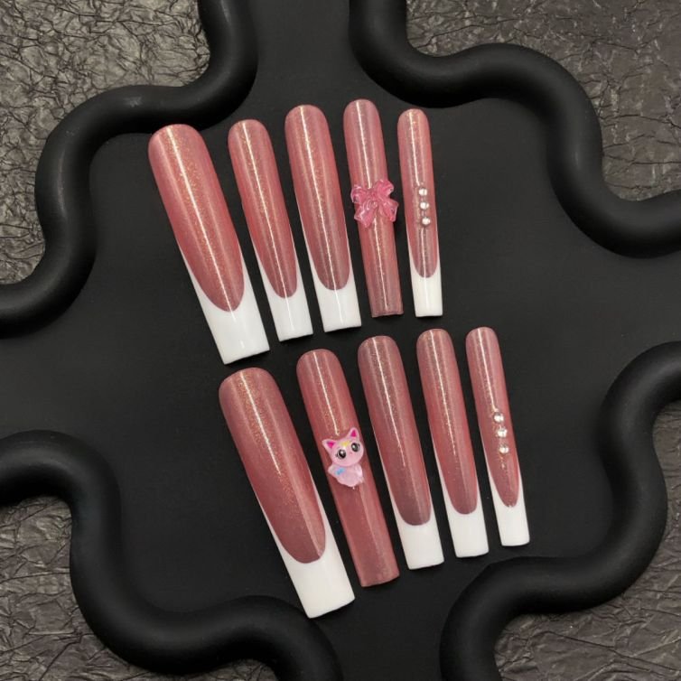 Elegant Cat Eye Press On Nails – Rose Brown & French Tips with Gems