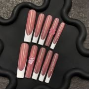 Elegant Cat Eye Press On Nails – Rose Brown & French Tips with Gems