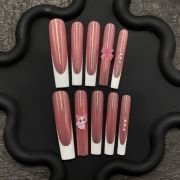 Elegant Cat Eye Press On Nails – Rose Brown & French Tips with Gems