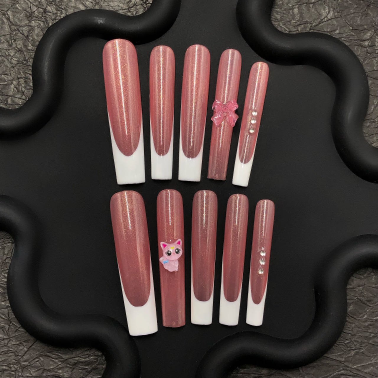 Elegant Cat Eye Press On Nails – Rose Brown & French Tips with Gems