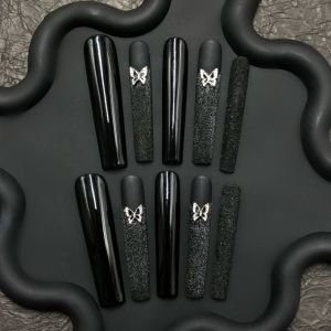 Black Butterfly Charm Press-On Nails – Matte Glitter & Glossy Mix | PressChic