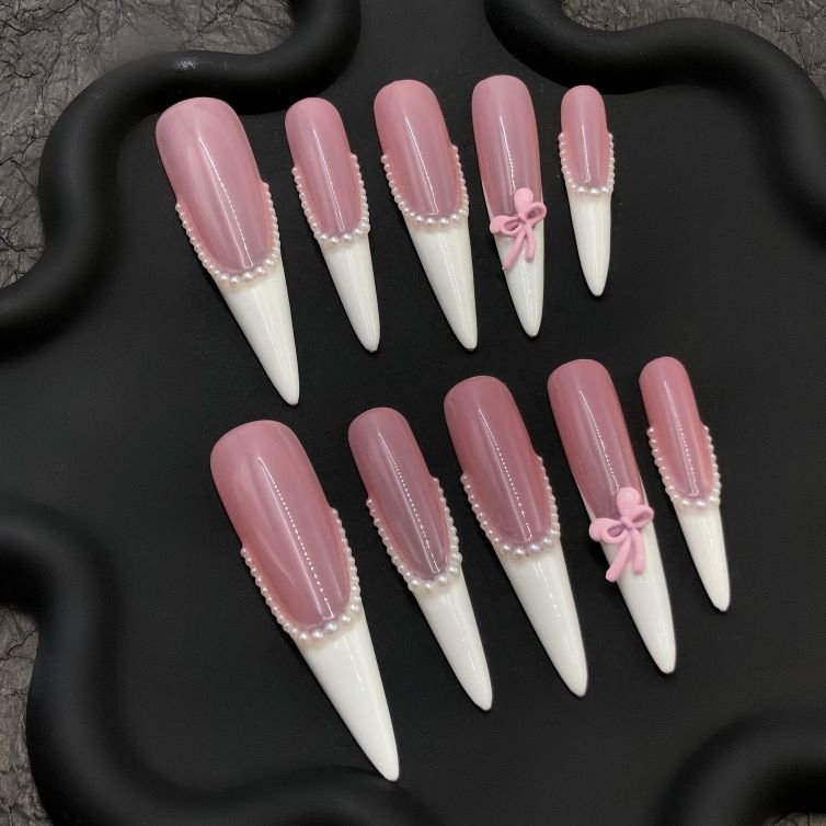 Elegant Pink Bow Pearl French Tip Press-On Nails – Soft Girl Aesthetic Set