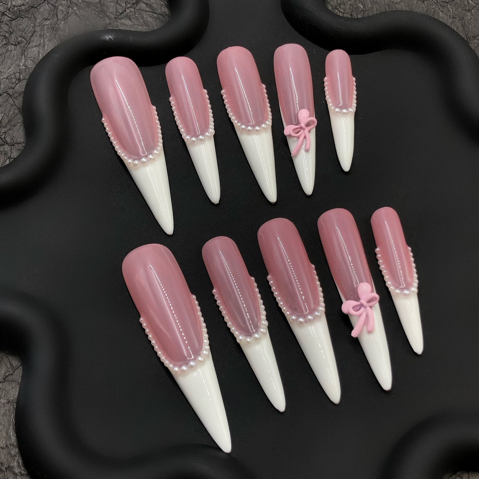 Elegant Pink Bow Pearl French Tip Press-On Nails – Soft Girl Aesthetic Set