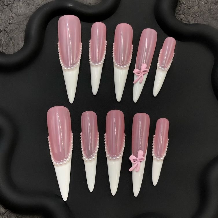 Elegant Pink Bow Pearl French Tip Press-On Nails – Soft Girl Aesthetic Set