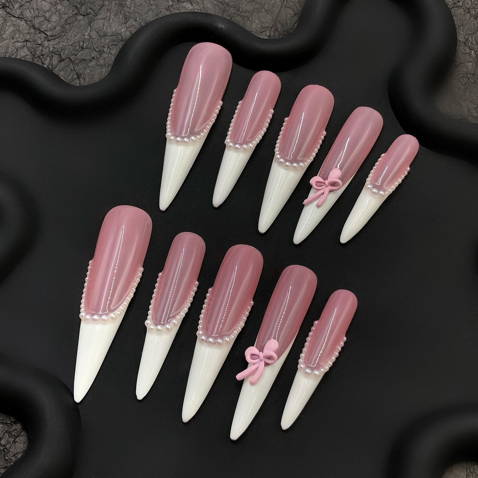 Elegant Pink Bow Pearl French Tip Press-On Nails – Soft Girl Aesthetic Set