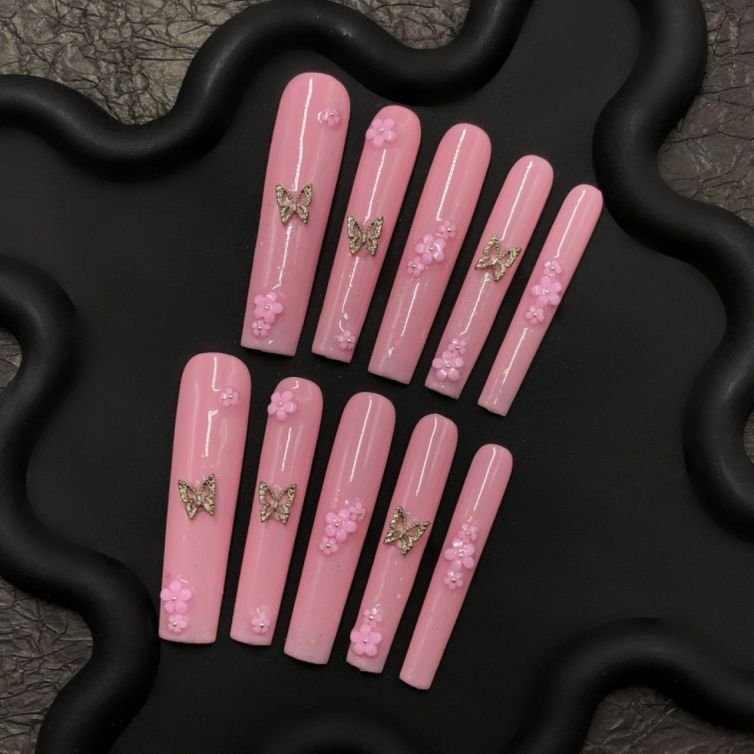 Blossom Flutter Press-On Nails – Pink Butterfly & 3D Flower Design