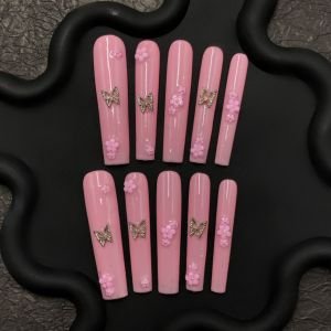 Blossom Flutter Press-On Nails – Pink Butterfly & 3D Flower Design