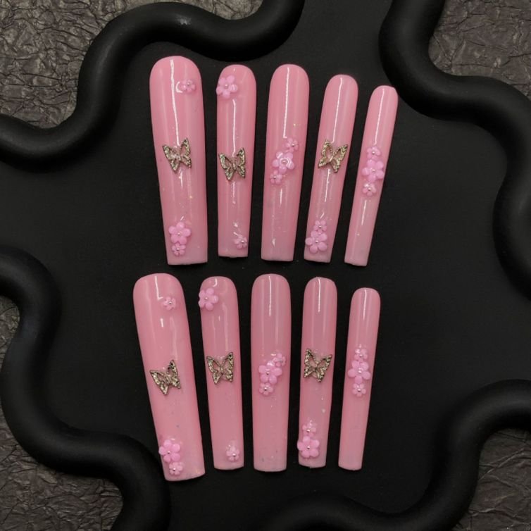 Blossom Flutter Press-On Nails – Pink Butterfly & 3D Flower Design
