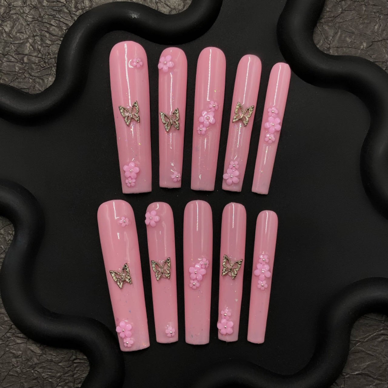 Blossom Flutter Press-On Nails – Pink Butterfly & 3D Flower Design