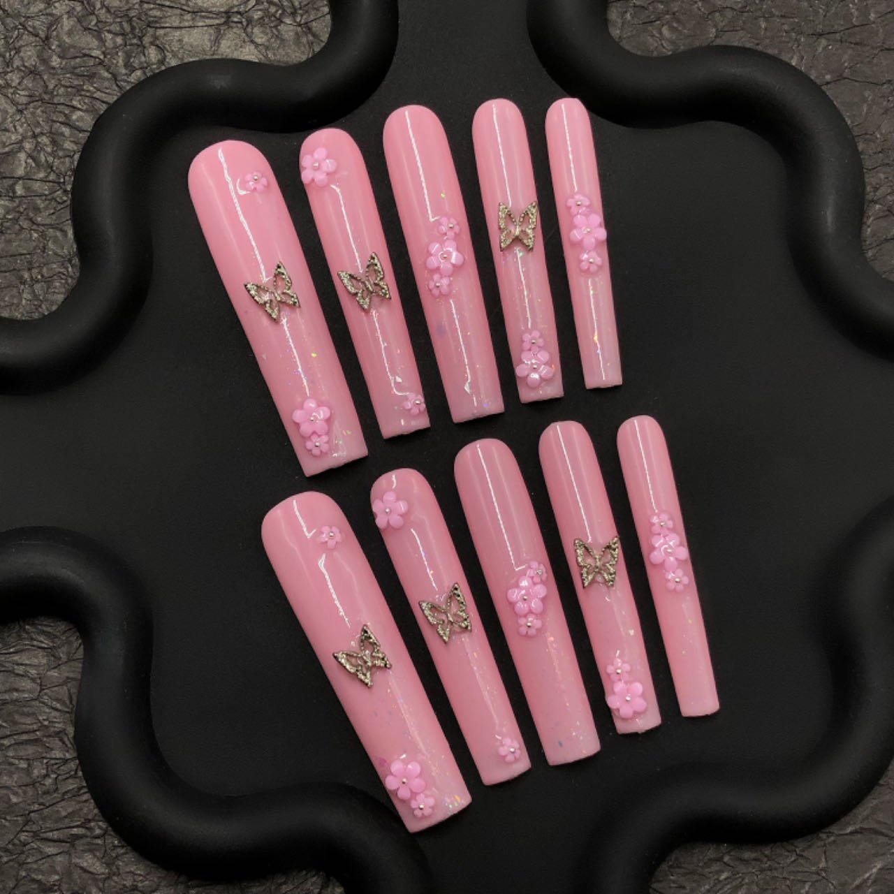 Blossom Flutter Press-On Nails – Pink Butterfly & 3D Flower Design