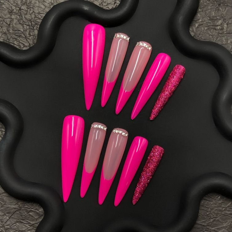 Neon Pink Press-On Nails with Crystal Tips | Presschic
