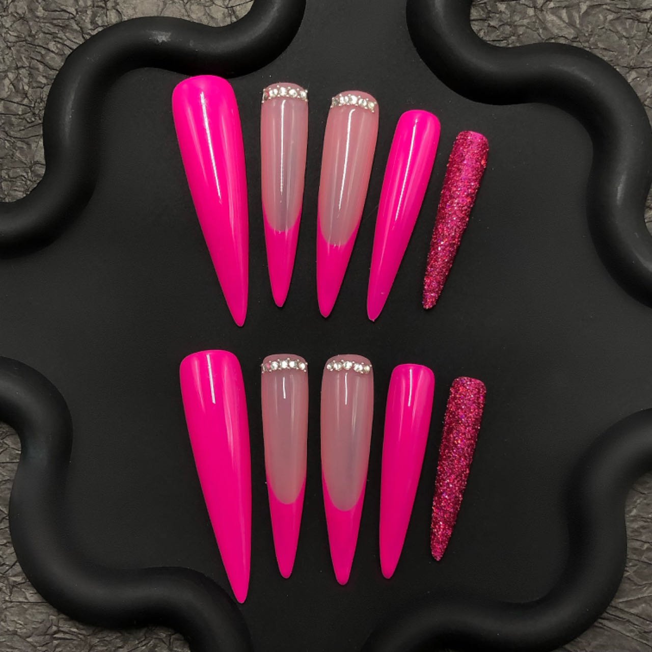 Neon Pink Press-On Nails with Crystal Tips | Presschic