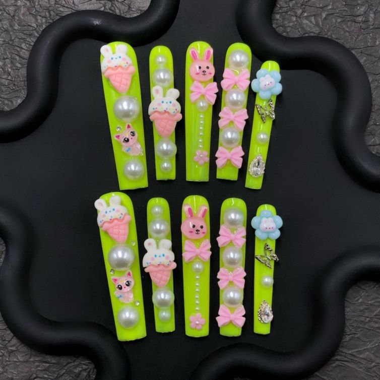 Sweet Pop Fantasy – Neon Green Kawaii Press-On Nails
