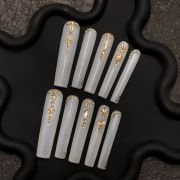 White & Gold Gem Press-On Nails – Luxury Shimmer Coffin Set