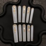 White & Gold Gem Press-On Nails – Luxury Shimmer Coffin Set