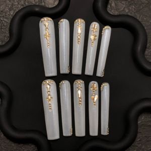 White & Gold Gem Press-On Nails – Luxury Shimmer Coffin Set