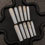 White & Gold Gem Press-On Nails – Luxury Shimmer Coffin Set