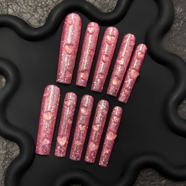 Pink Glitter Press-On Nails with 3D Heart Drops | Presschic