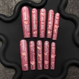 Pink Glitter Press-On Nails with 3D Heart Drops | Presschic