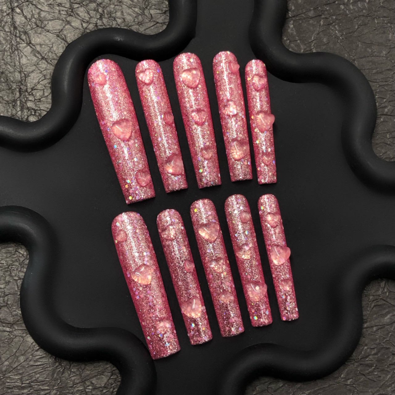 Pink Glitter Press-On Nails with 3D Heart Drops | Presschic