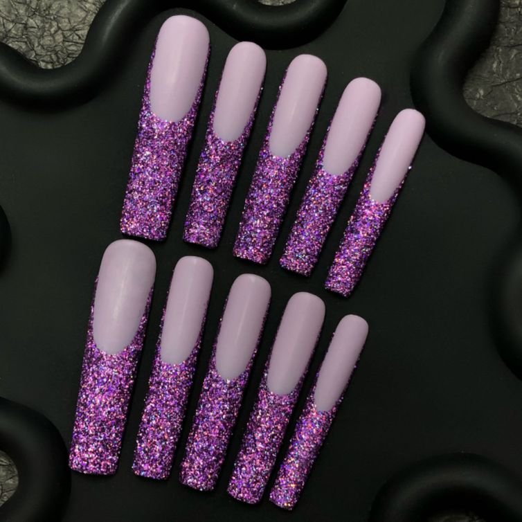 💜 Lavender Sparkle French Tips – Purple Glitter Press-On Nails