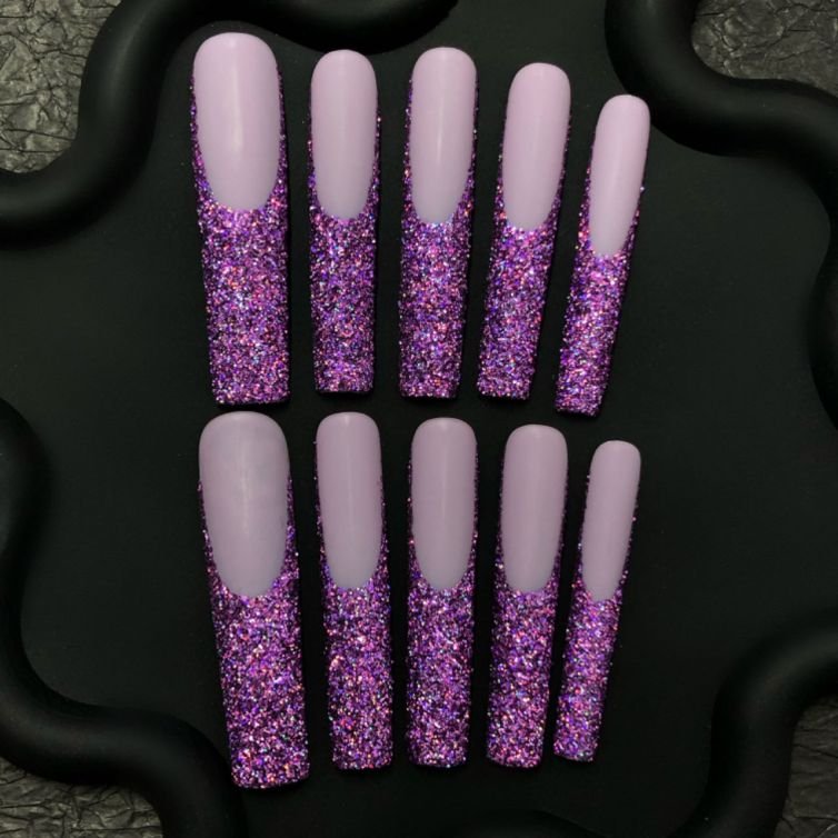 💜 Lavender Sparkle French Tips – Purple Glitter Press-On Nails
