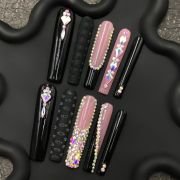 pink black rhinestone coffin nails, glam gothic press-on nails, leopard accent fake nails, luxury coffin nails with gems