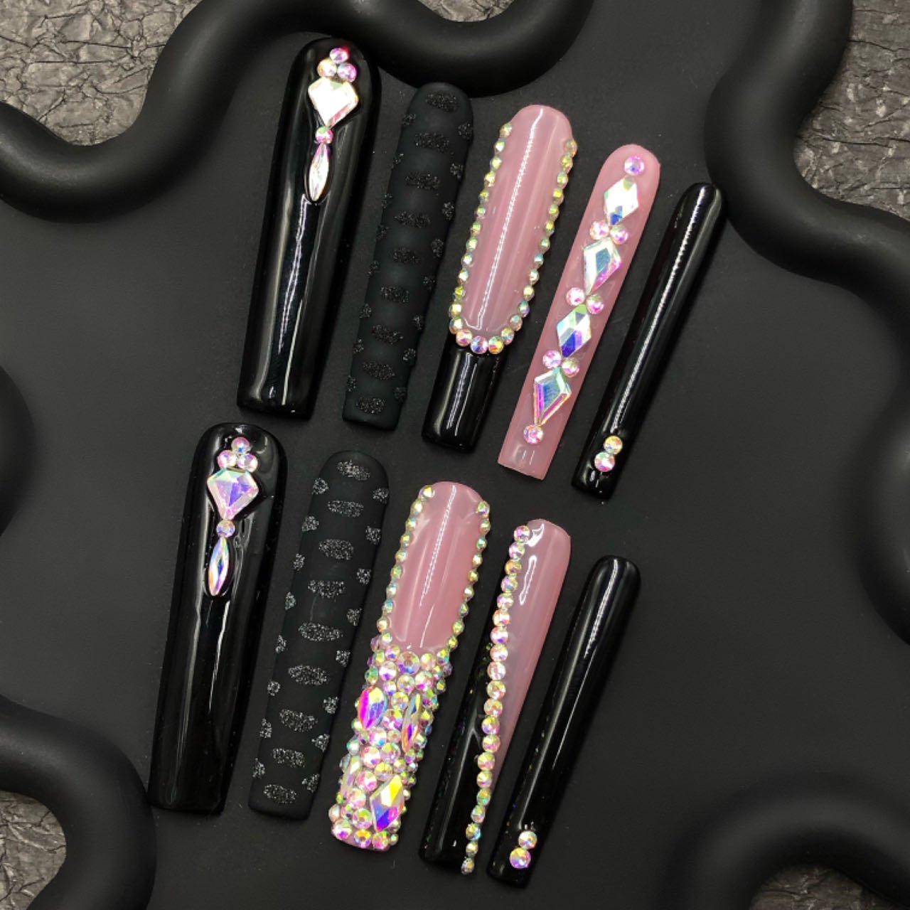 pink black rhinestone coffin nails, glam gothic press-on nails, leopard accent fake nails, luxury coffin nails with gems