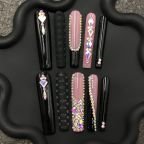 pink black rhinestone coffin nails, glam gothic press-on nails, leopard accent fake nails, luxury coffin nails with gems