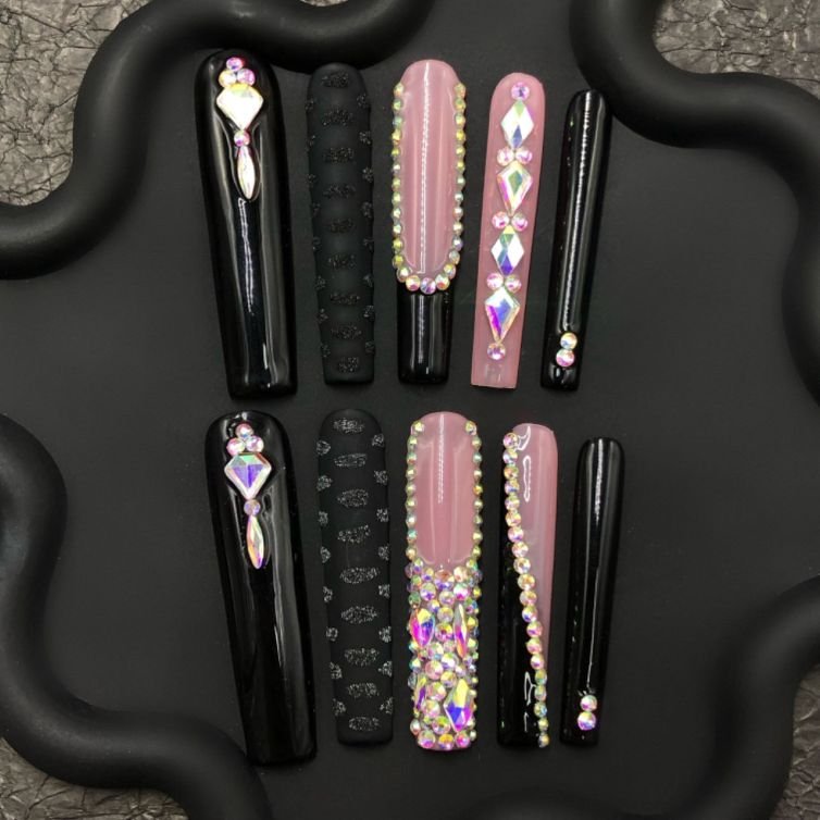 ✨ Black Pink Rhinestone Coffin Press-On Nails – Ultimate Glam Statement ✨