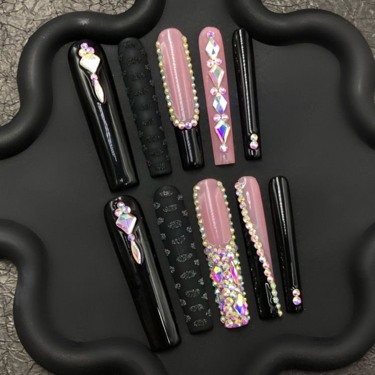 ✨ Black Pink Rhinestone Coffin Press-On Nails – Ultimate Glam Statement ✨