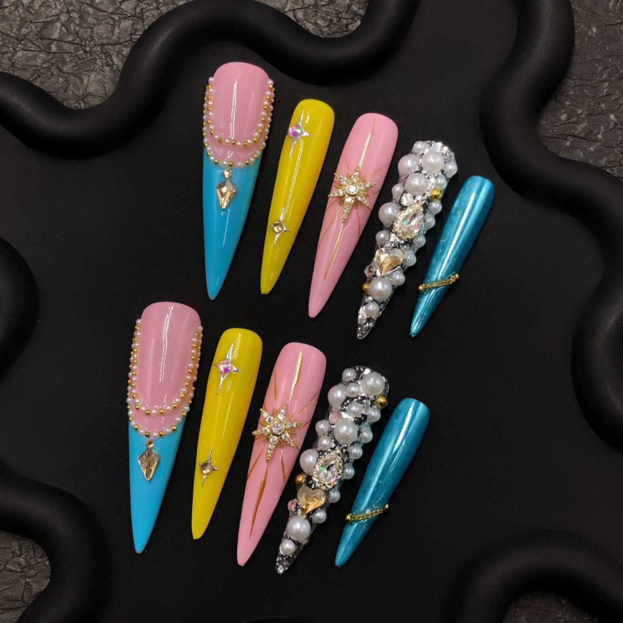 💖 Color Splash Rhinestone Coffin Press-On Nails – Glam Meets Tropical Chic!
