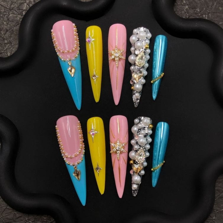 💖 Color Splash Rhinestone Coffin Press-On Nails – Glam Meets Tropical Chic!
