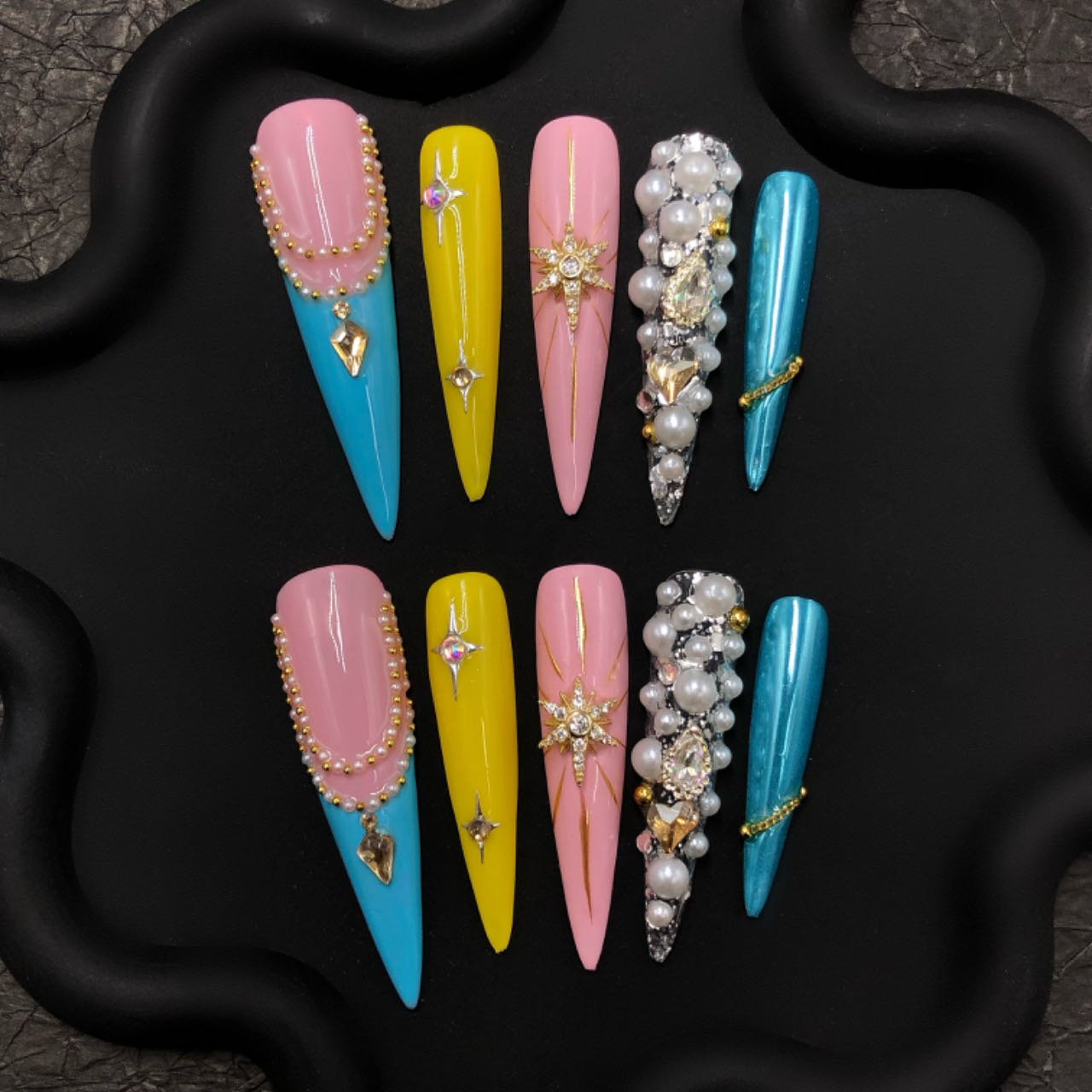 💖 Color Splash Rhinestone Coffin Press-On Nails – Glam Meets Tropical Chic!