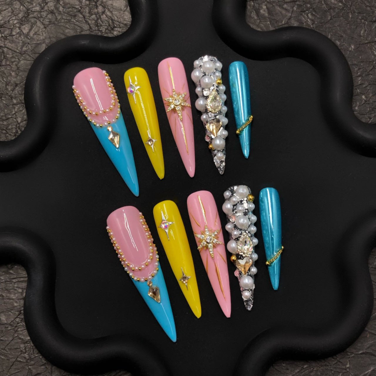 Color Splash Rhinestone Coffin Press-On Nails, colorful long coffin nails with pearls and gems, glam tropical press-on nails