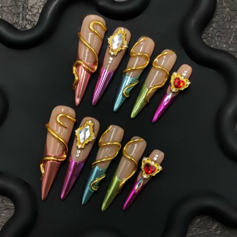 Glamorous Serpent Jewel Chrome Nails – Multicolor Snake Charm Press-On Nails