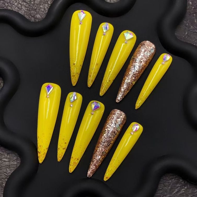 Yellow Glitter Press-On Nails | Bold Stiletto Glam with Sparkle Accents