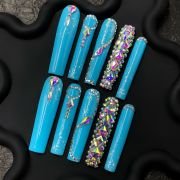 blue glitter press-on nails, icy rhinestone fake nails, square blue nails, long winter press-ons