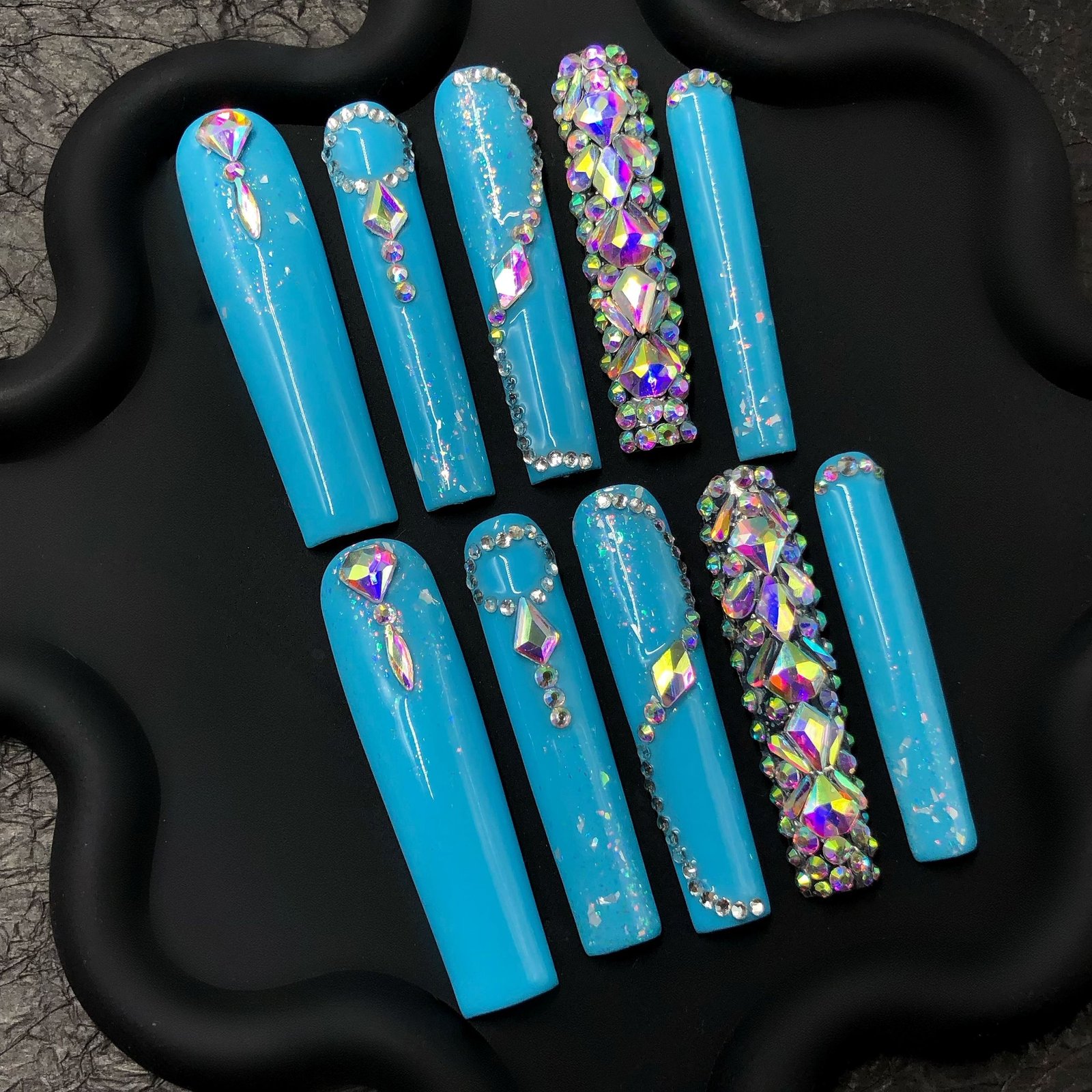 blue glitter press-on nails, icy rhinestone fake nails, square blue nails, long winter press-ons