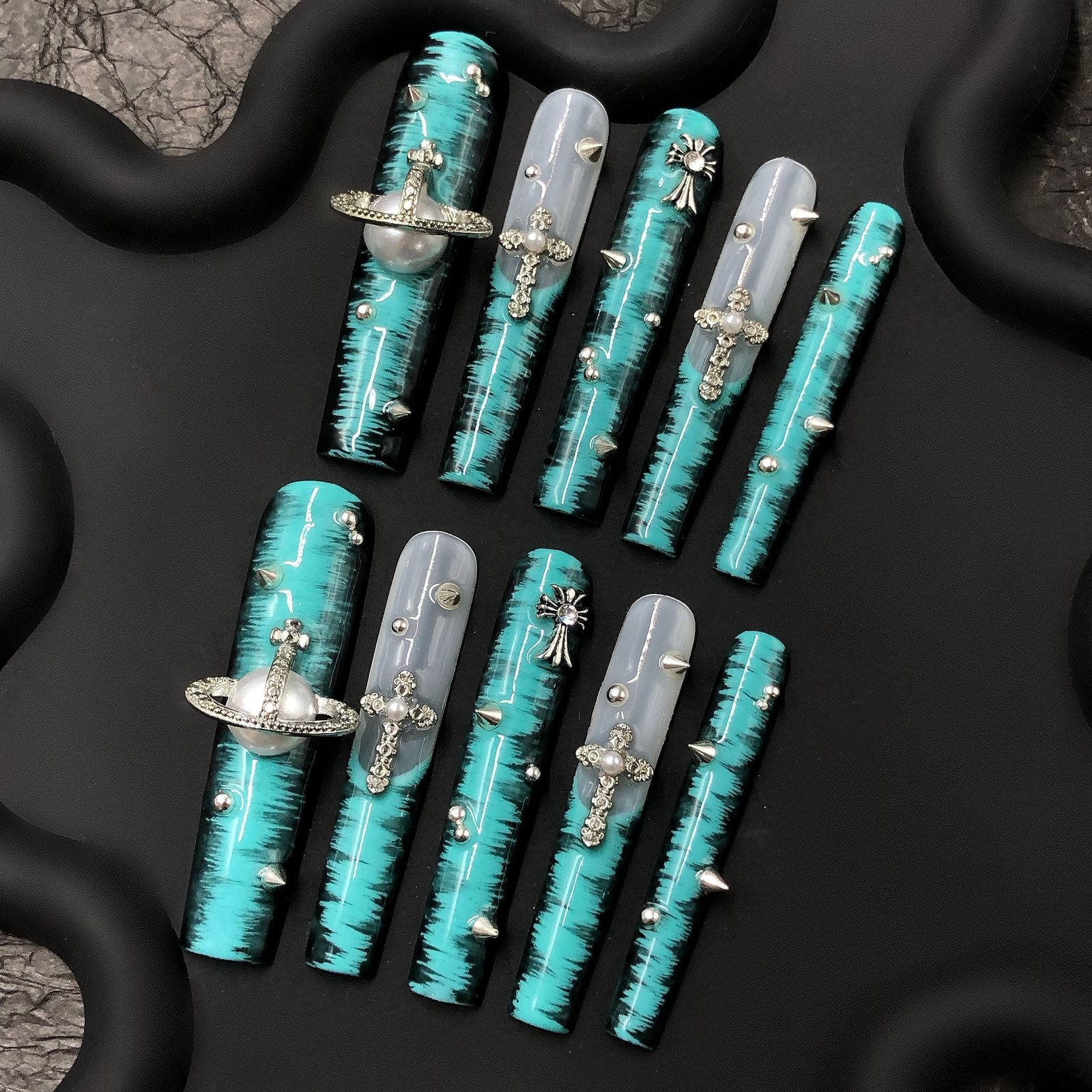 🛸 Teal Chrome Cross Press-On Nails – Futuristic Glam with Punk Soul!