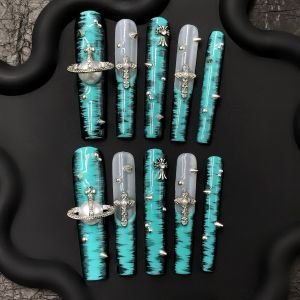 Teal Chrome Cross Press-On Nails with Studs and Planet Charm