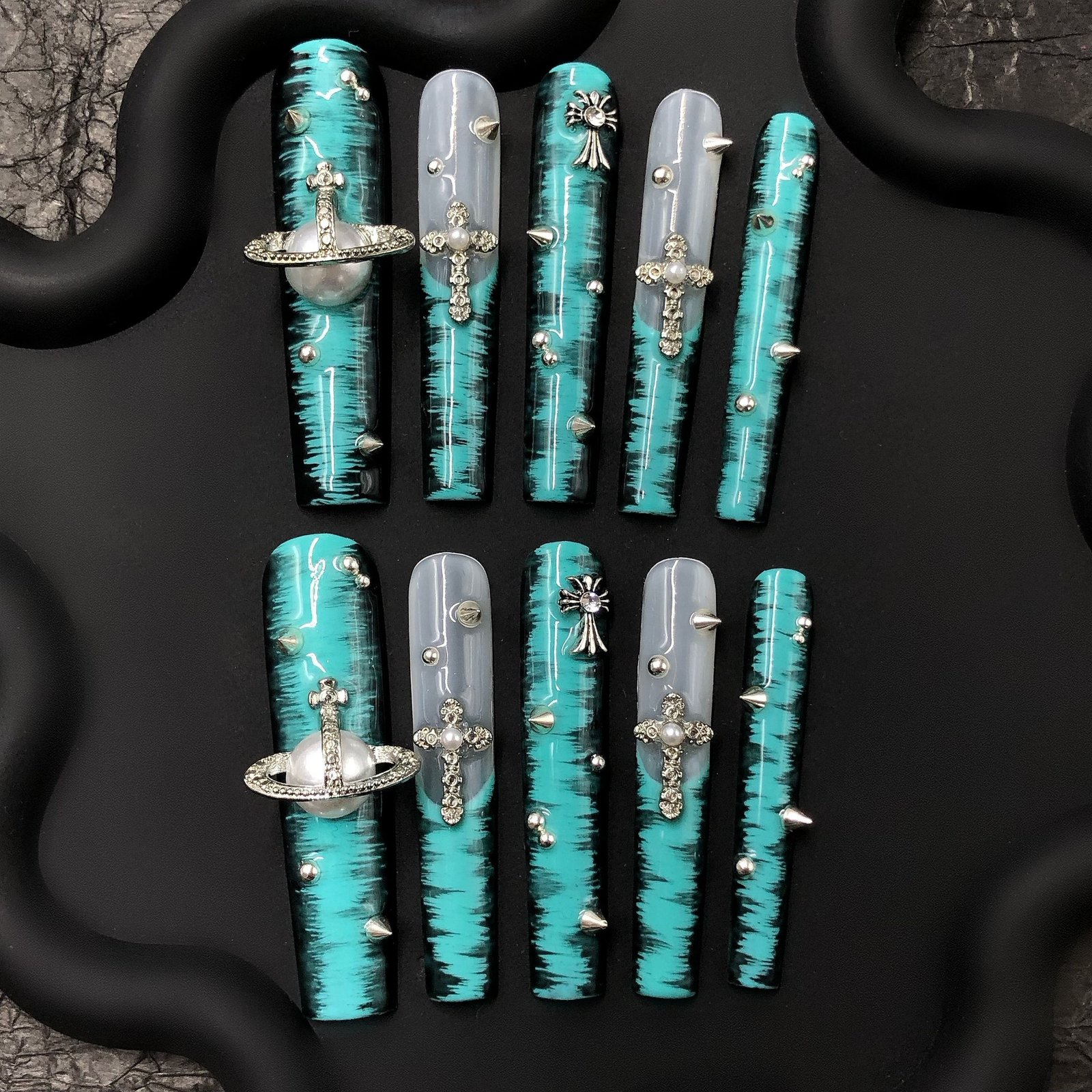 🛸 Teal Chrome Cross Press-On Nails – Futuristic Glam with Punk Soul!